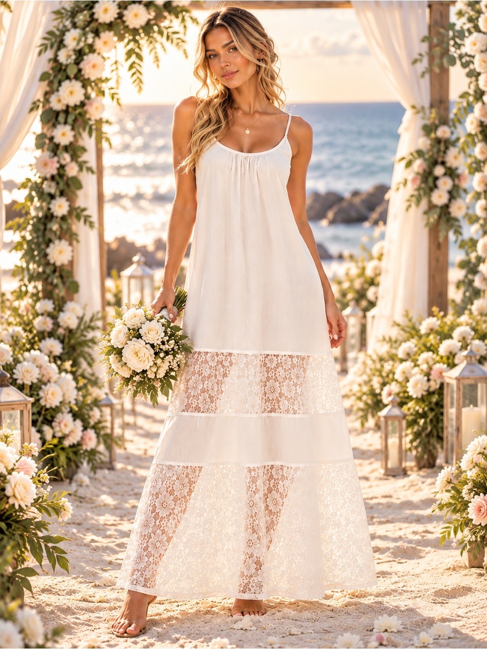 ANSELF • White Lace Maxi Dress Boho Beach Wedding Bridal Coverup - Picture 7 of 12